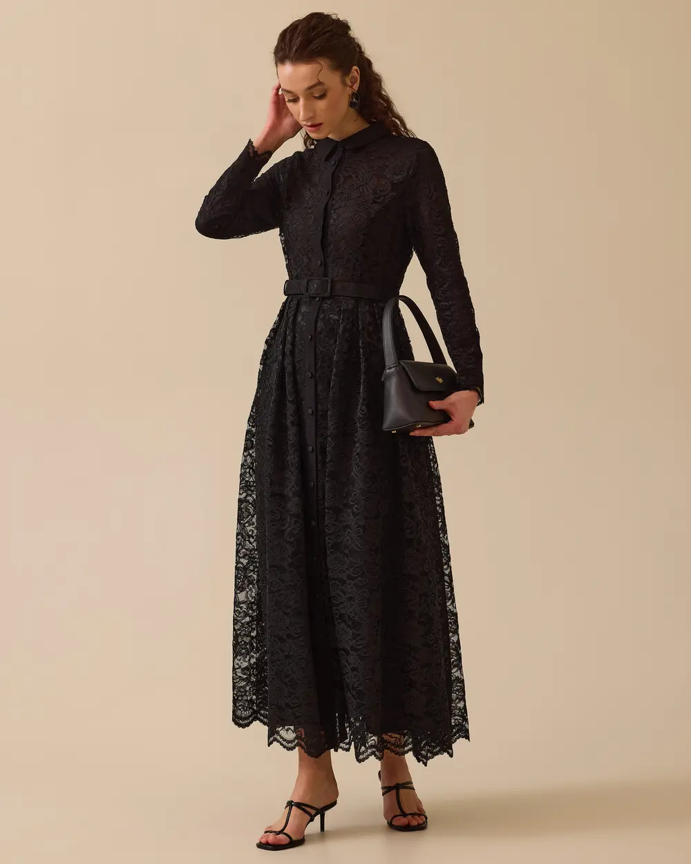 Patterned Lace Detailed Belted Dress