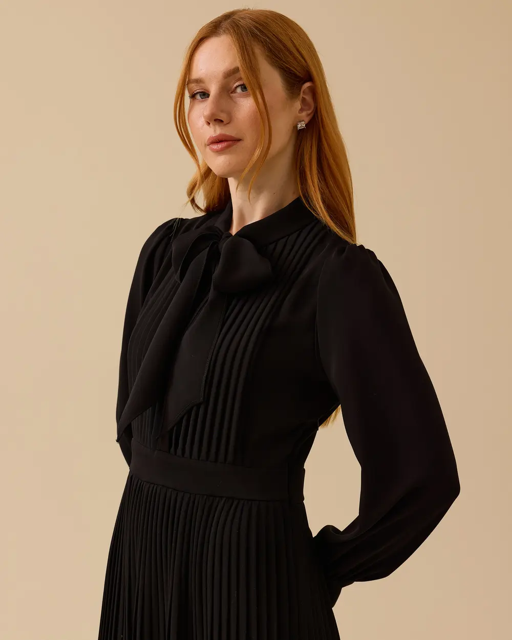 Pleated Dress with Scarf Collar