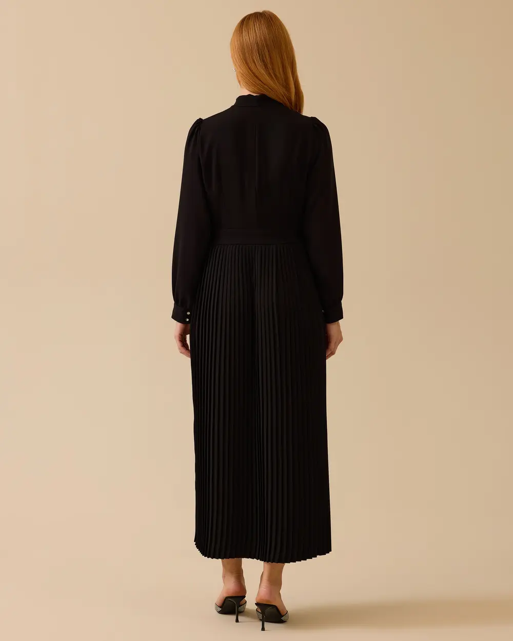 Pleated Dress with Scarf Collar