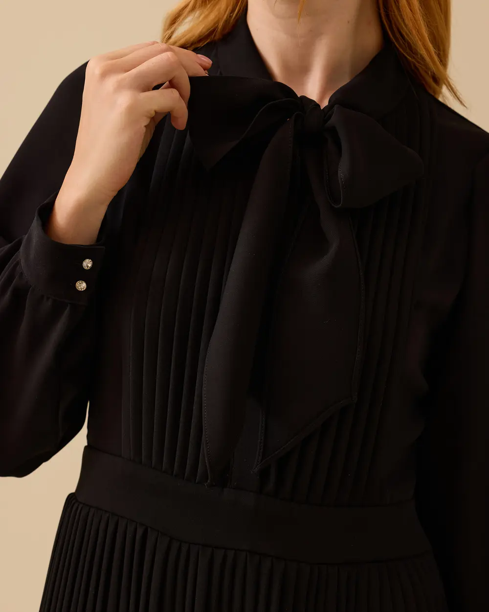 Pleated Dress with Scarf Collar