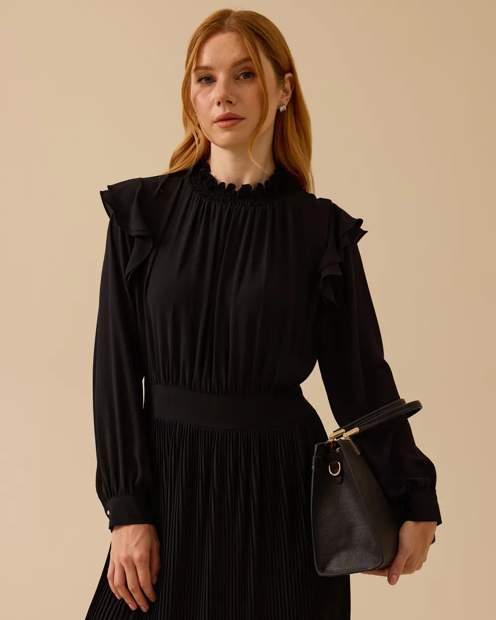 Fırfır Detaylı Pliseli Uzun Elbise