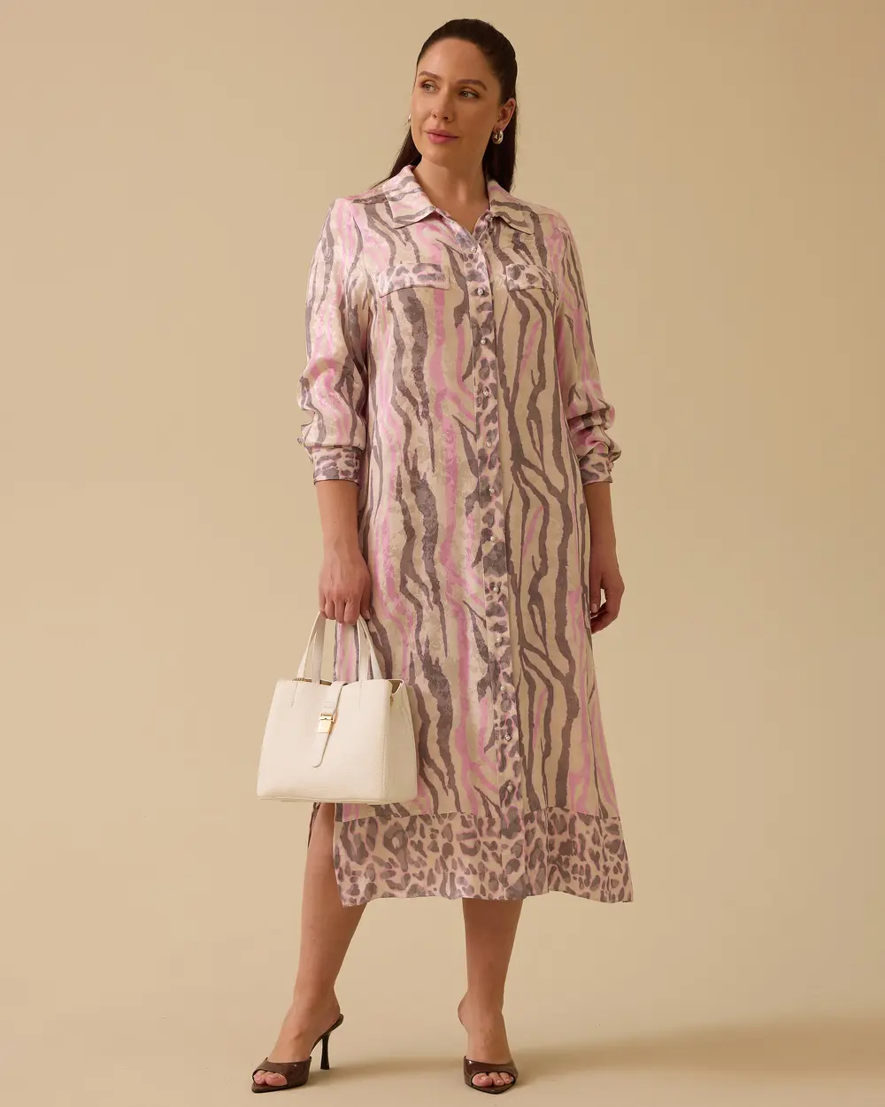 Büyük Beden Gömlek Yaka Desenli Elbise