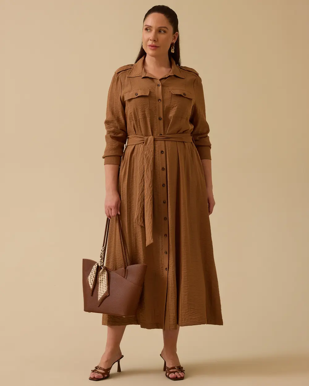 Plus Size Buttoned Shirt Dress with Belt Detail