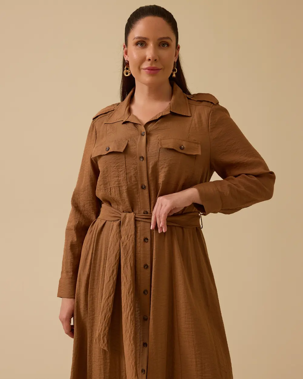 Plus Size Buttoned Shirt Dress with Belt Detail