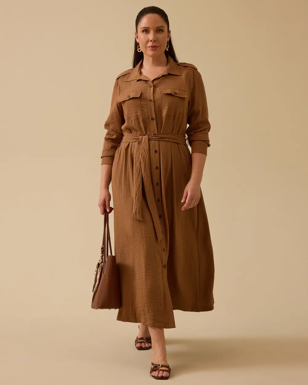 Plus Size Buttoned Shirt Dress with Belt Detail