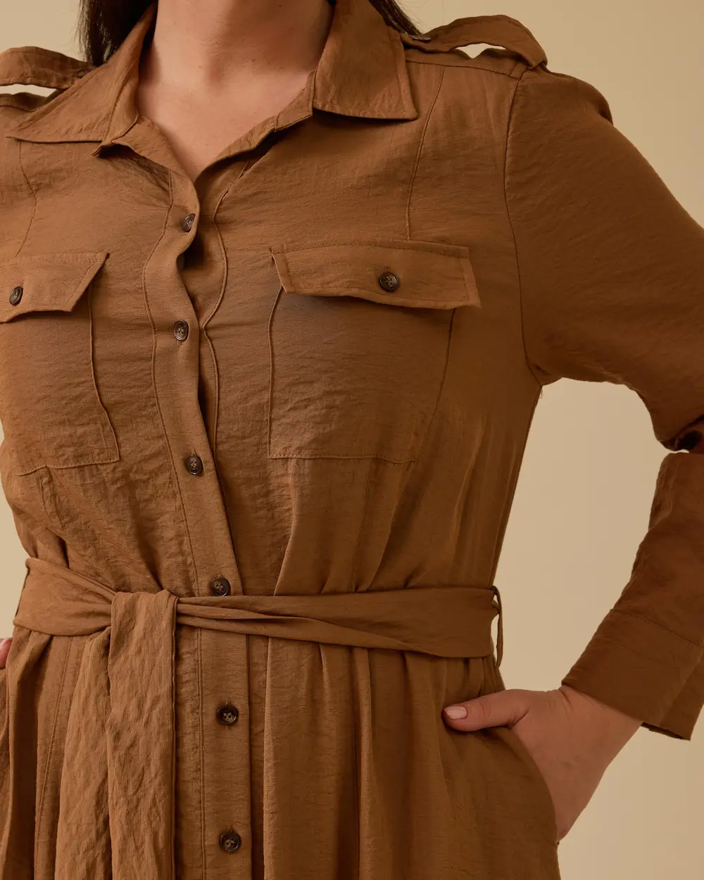 Plus Size Buttoned Shirt Dress with Belt Detail