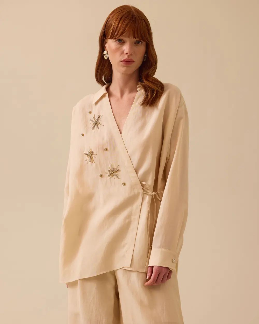 Linen Look Double-breasted Tie-Down Shirt