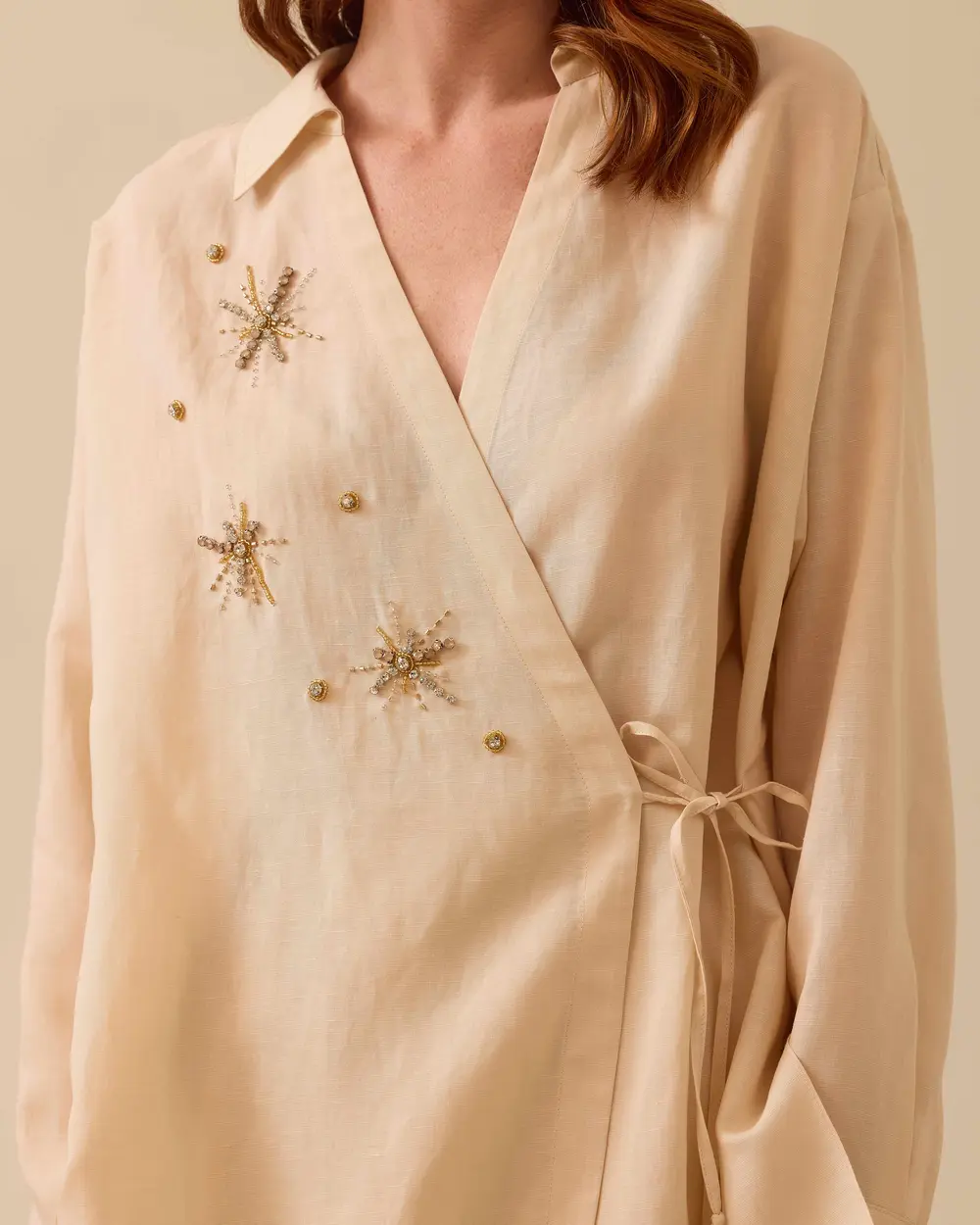 Linen Look Double-breasted Tie-Down Shirt