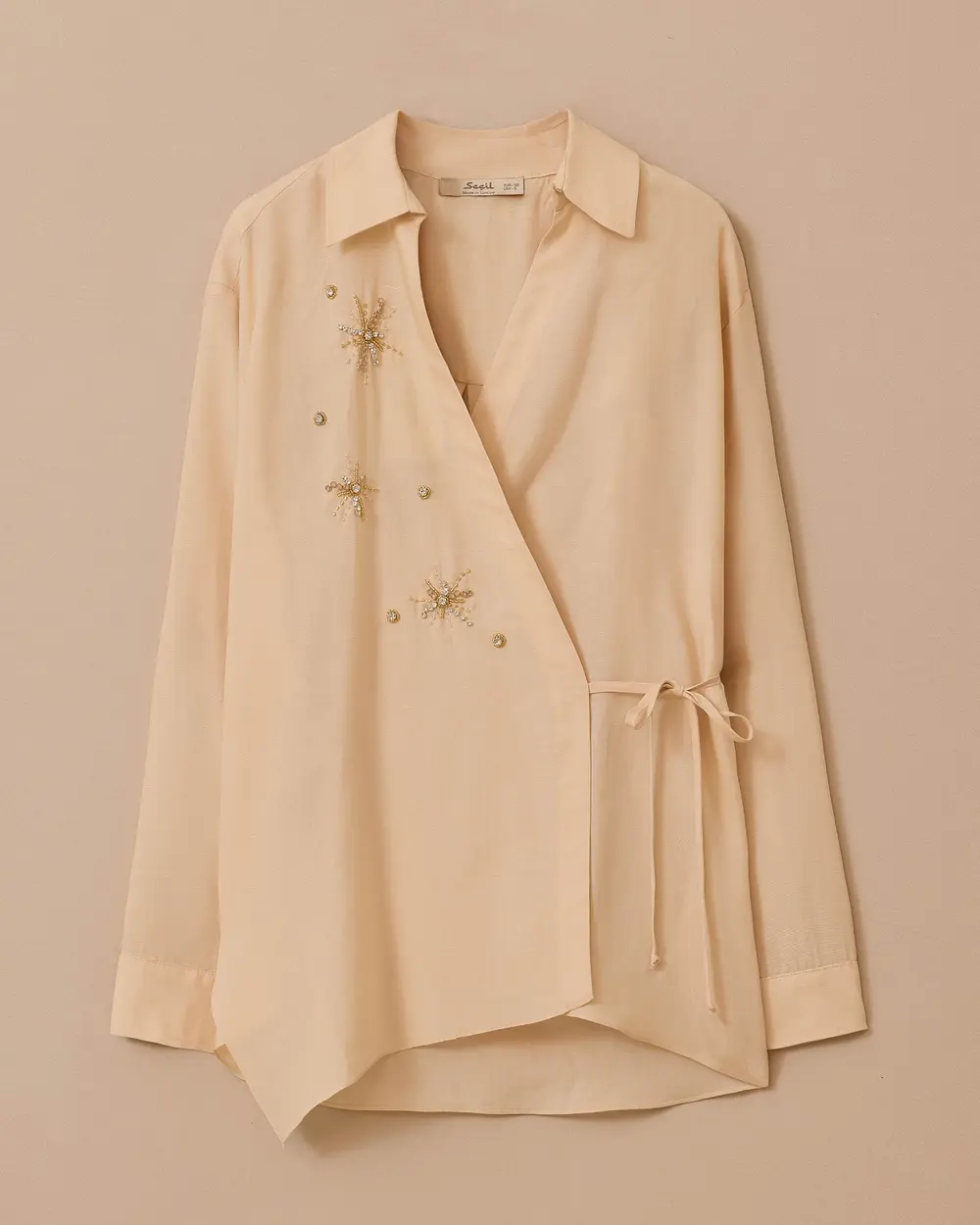 Linen Look Double-breasted Tie-Down Shirt