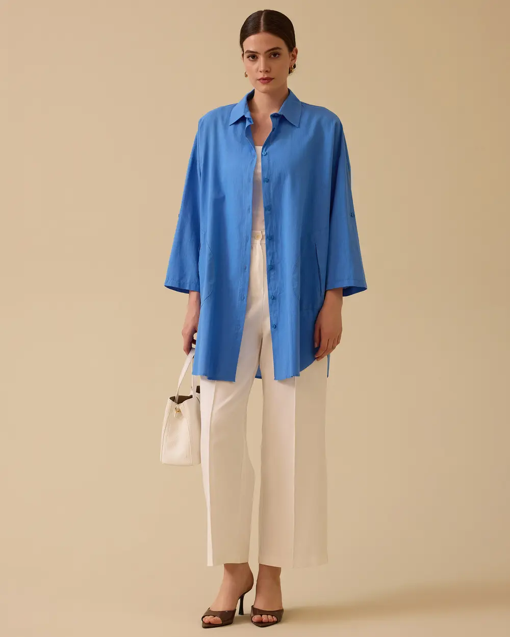 Keten Görünümlü Düğmeli Oversize Gömlek