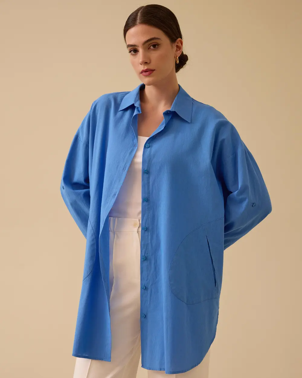 Keten Görünümlü Düğmeli Oversize Gömlek