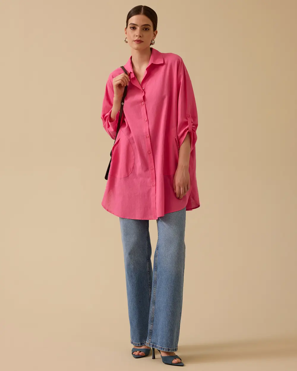 Keten Görünümlü Düğmeli Oversize Gömlek