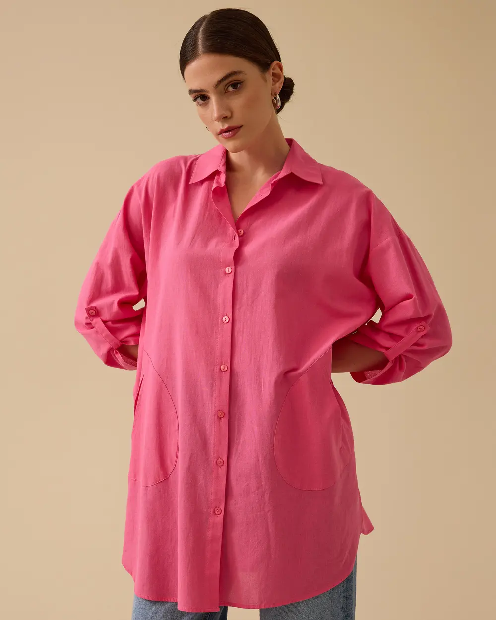Keten Görünümlü Düğmeli Oversize Gömlek