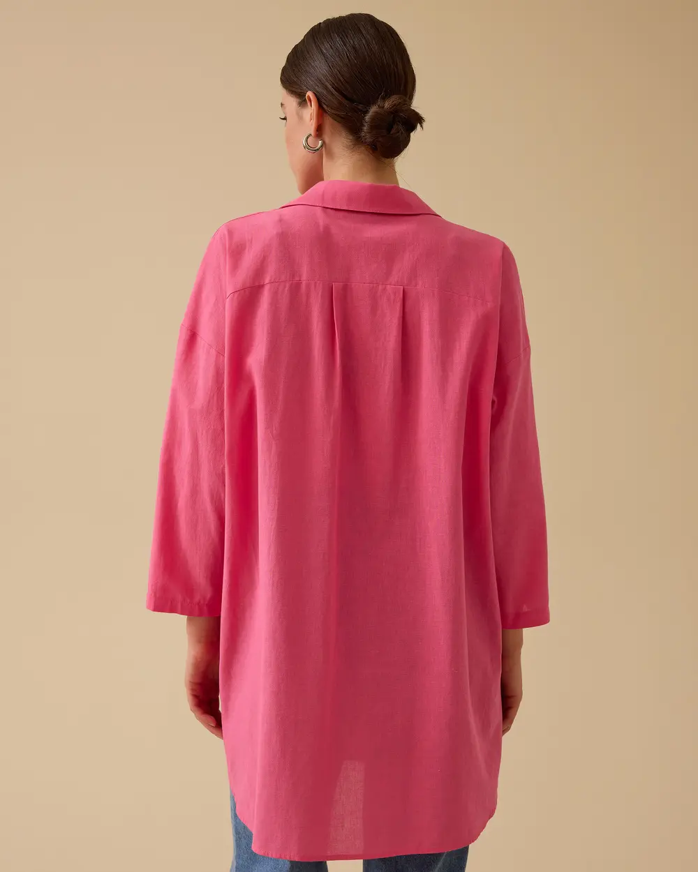 Keten Görünümlü Düğmeli Oversize Gömlek