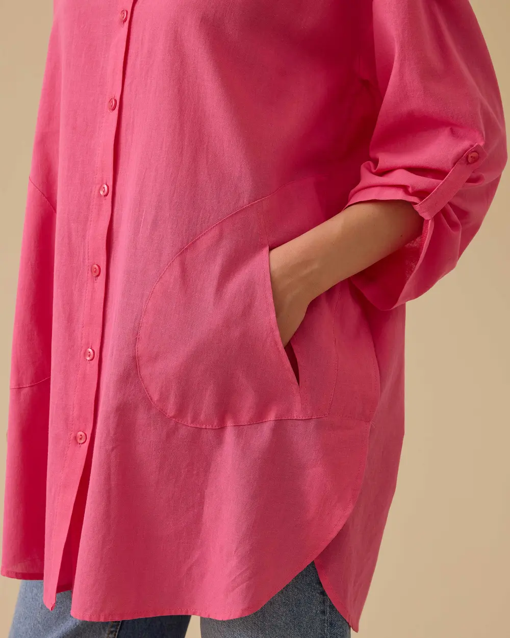 Keten Görünümlü Düğmeli Oversize Gömlek