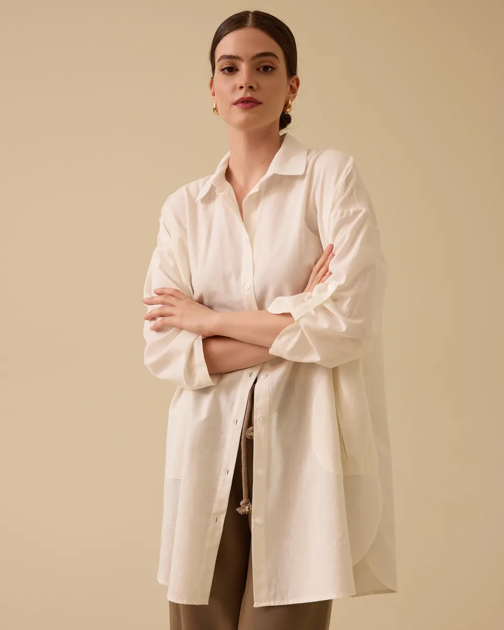 Keten Görünümlü Düğmeli Oversize Gömlek