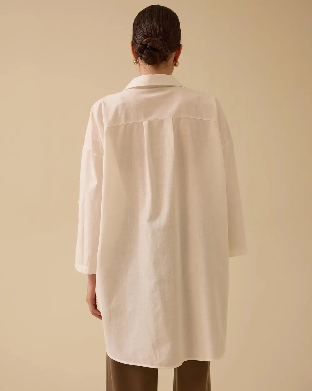 Keten Görünümlü Düğmeli Oversize Gömlek