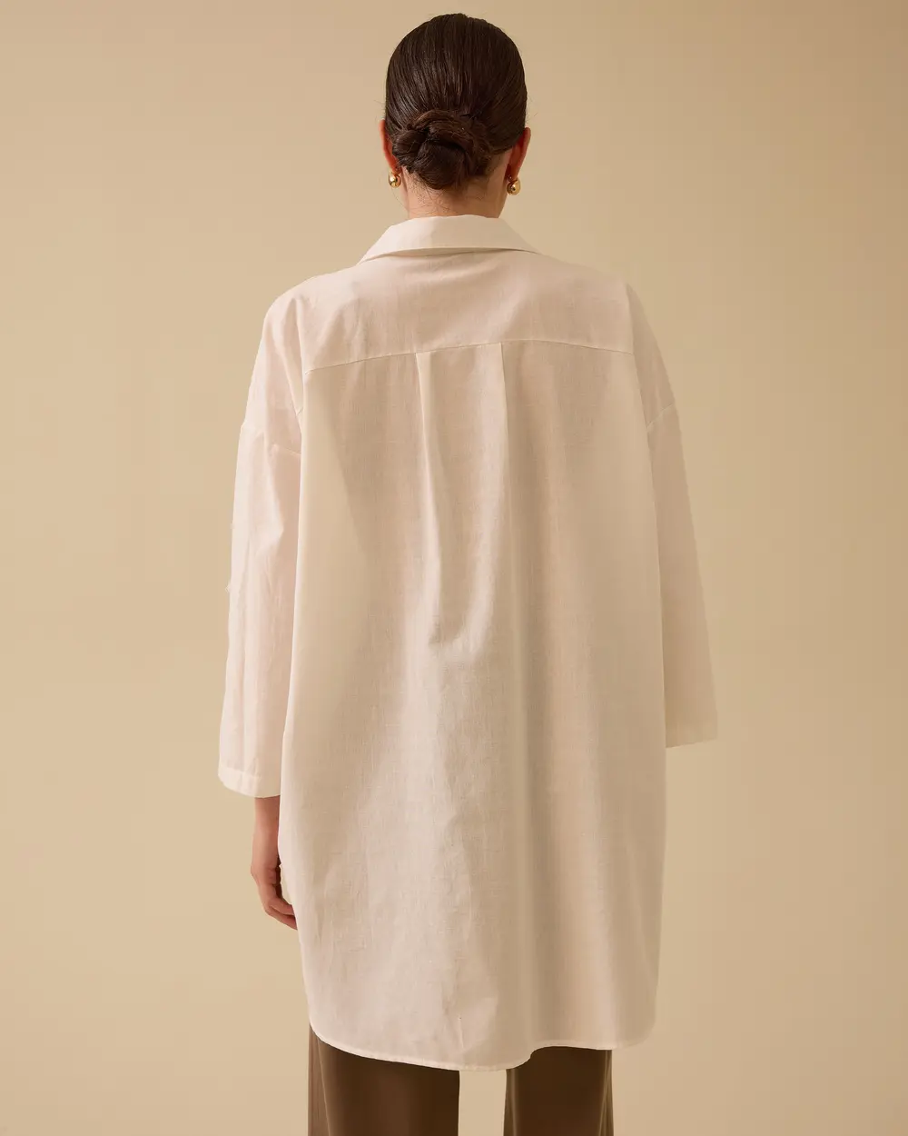 Keten Görünümlü Düğmeli Oversize Gömlek