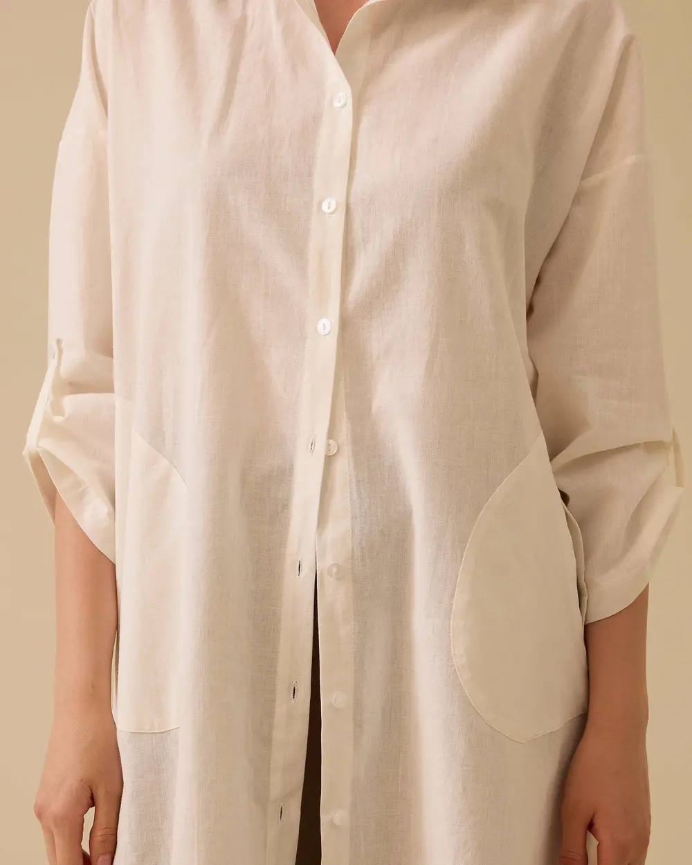 Keten Görünümlü Düğmeli Oversize Gömlek