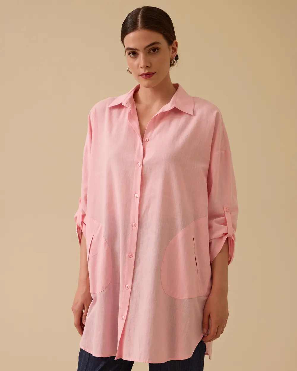 Keten Görünümlü Düğmeli Oversize Gömlek