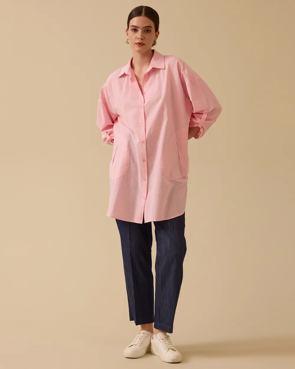 Keten Görünümlü Düğmeli Oversize Gömlek