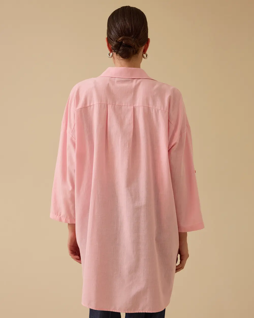 Keten Görünümlü Düğmeli Oversize Gömlek