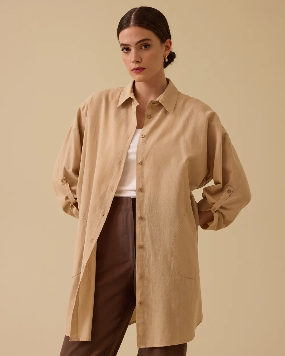 Keten Görünümlü Düğmeli Oversize Gömlek