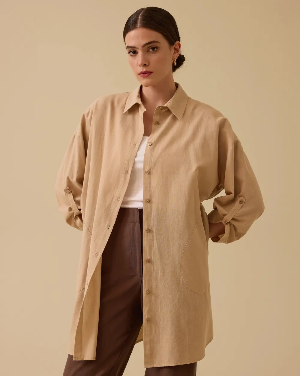 Keten Görünümlü Düğmeli Oversize Gömlek