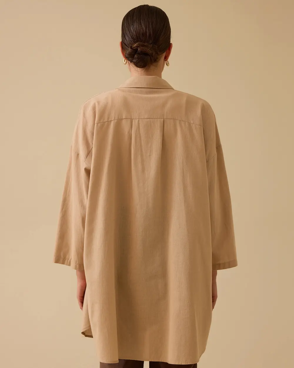Keten Görünümlü Düğmeli Oversize Gömlek