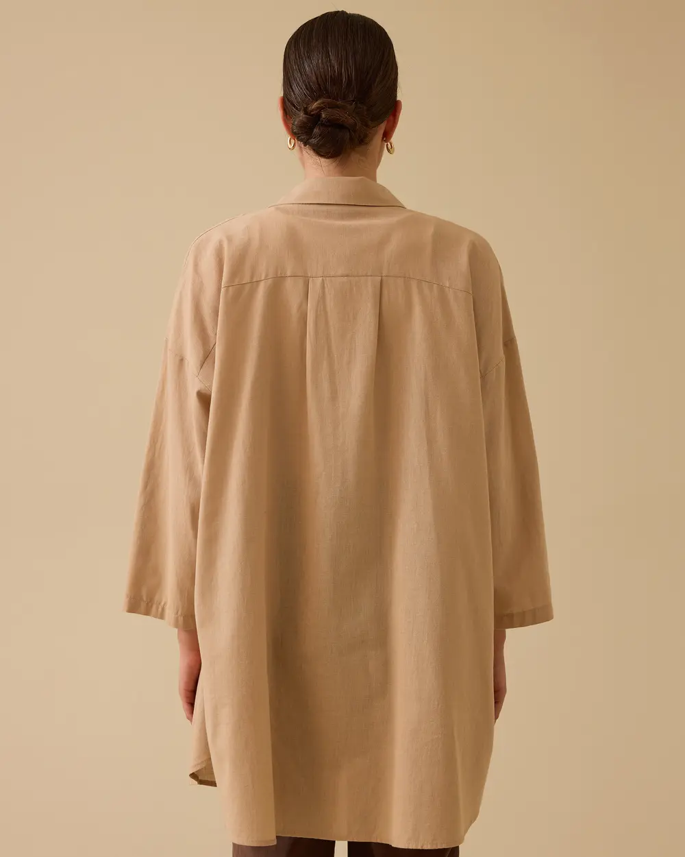 Keten Görünümlü Düğmeli Oversize Gömlek