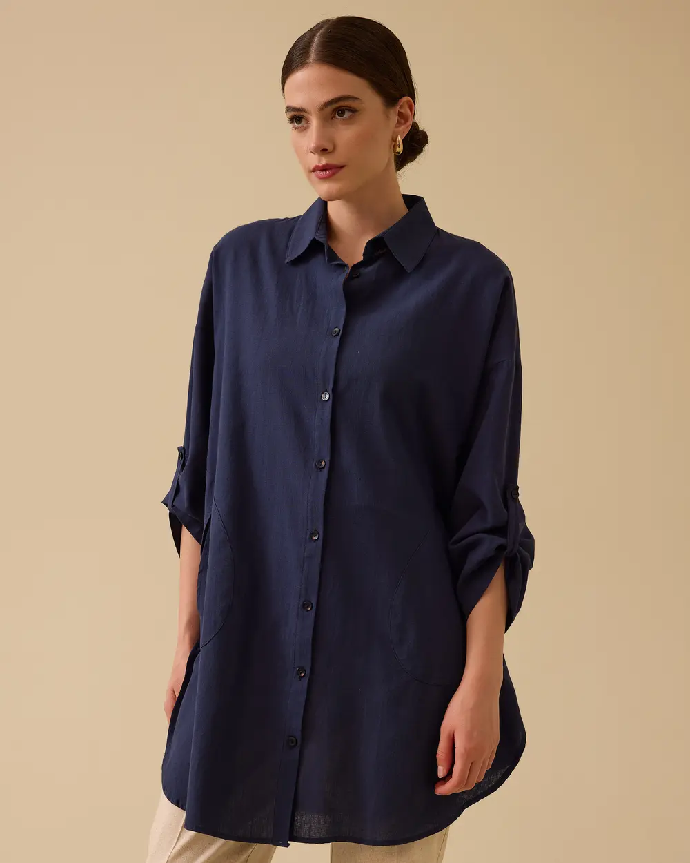 Keten Görünümlü Düğmeli Oversize Gömlek