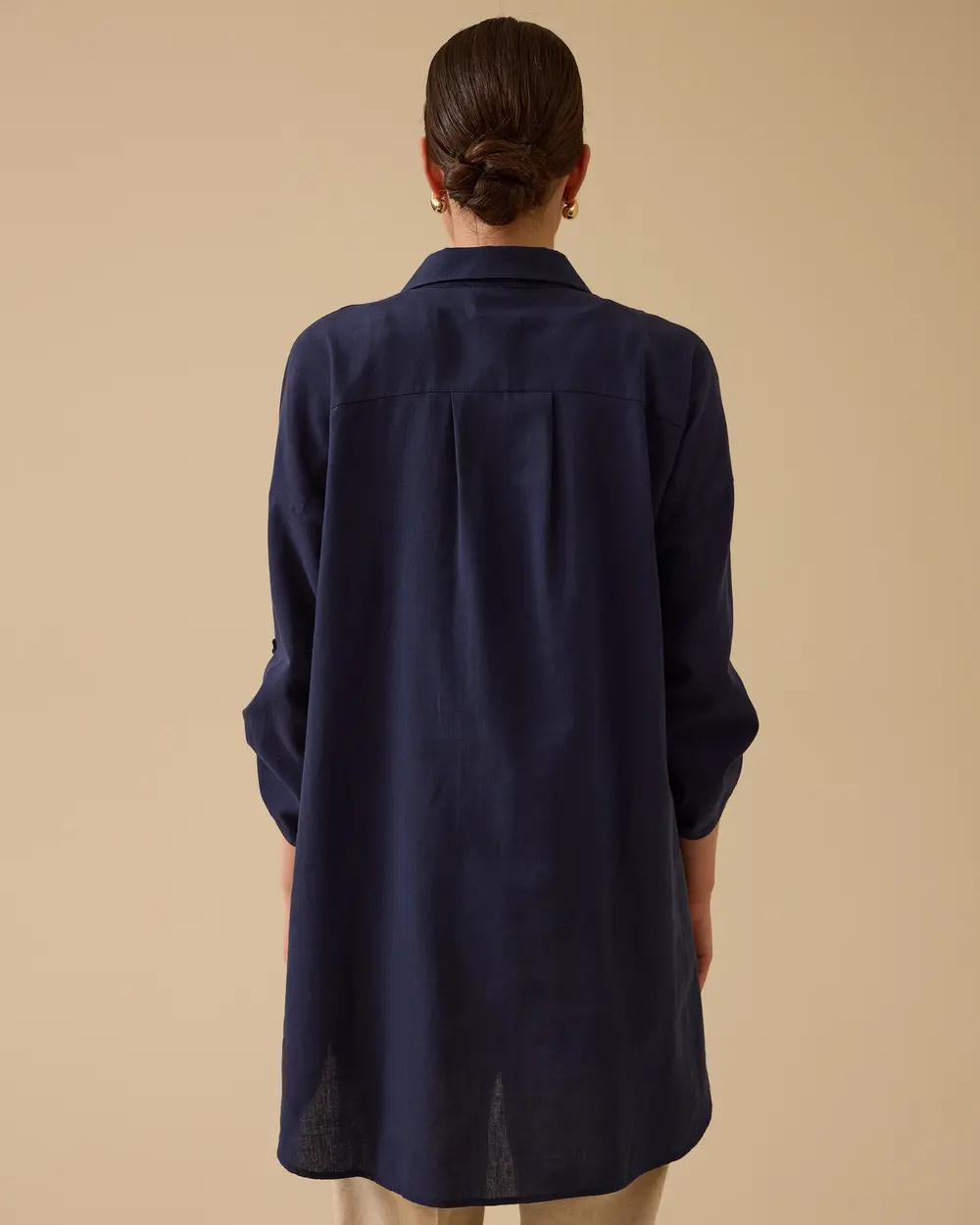 Keten Görünümlü Düğmeli Oversize Gömlek