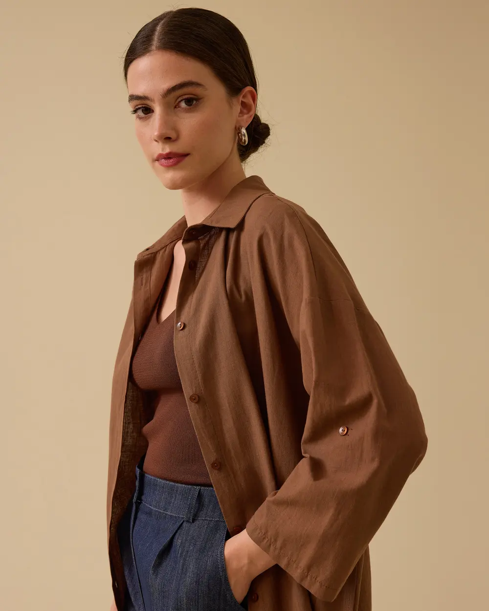 Keten Görünümlü Düğmeli Oversize Gömlek