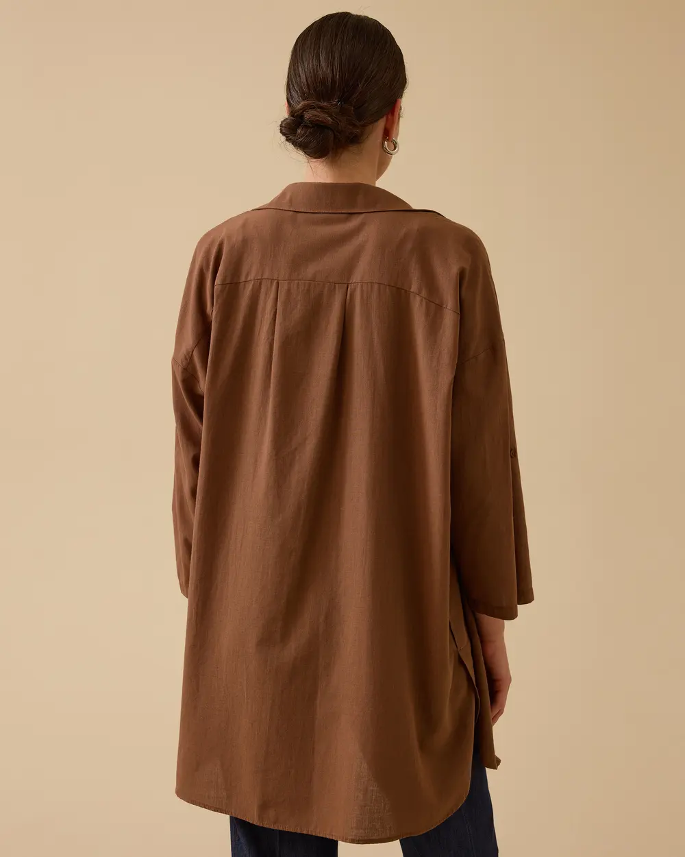 Keten Görünümlü Düğmeli Oversize Gömlek