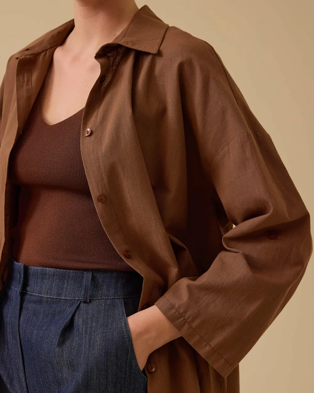 Keten Görünümlü Düğmeli Oversize Gömlek