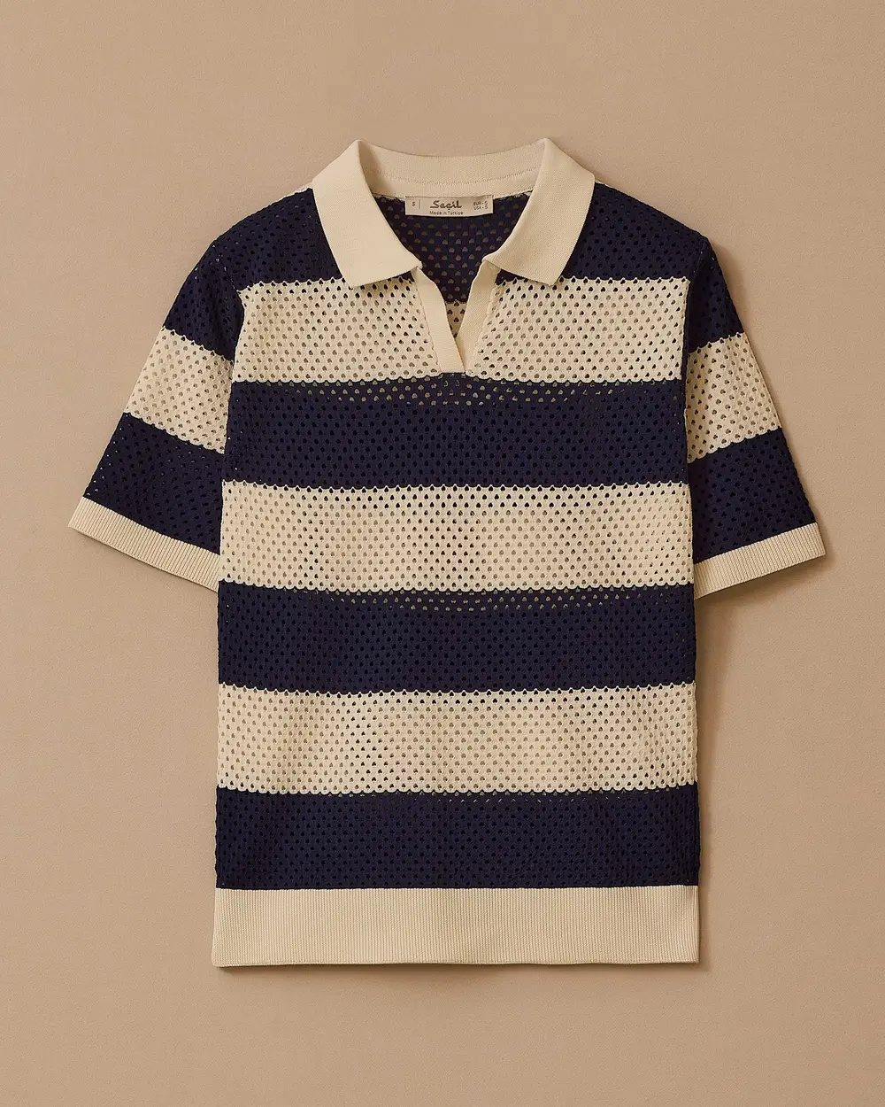 Çizgili Polo Yaka Delikli Triko Bluz
