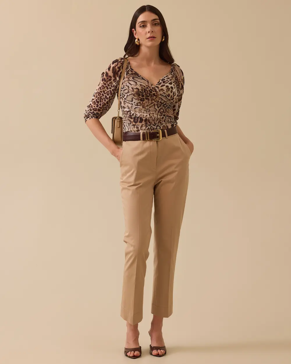 Kruvaze Leopar Desenli Çıtçıtlı Bluz