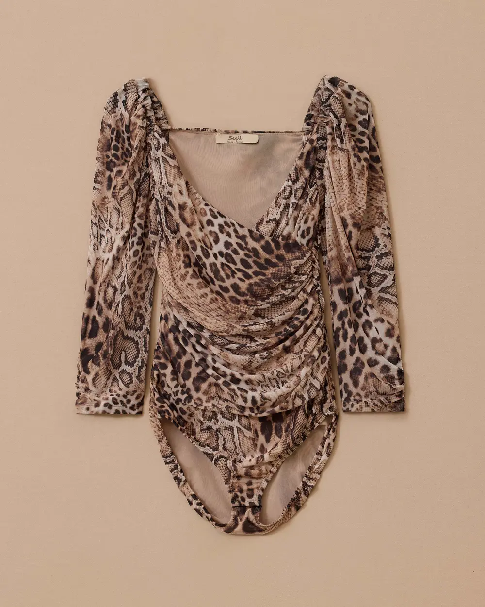 Kruvaze Leopar Desenli Çıtçıtlı Bluz