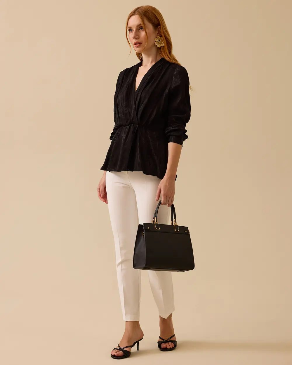 Double-breasted Collar Patterned Elastic Waist Blouse