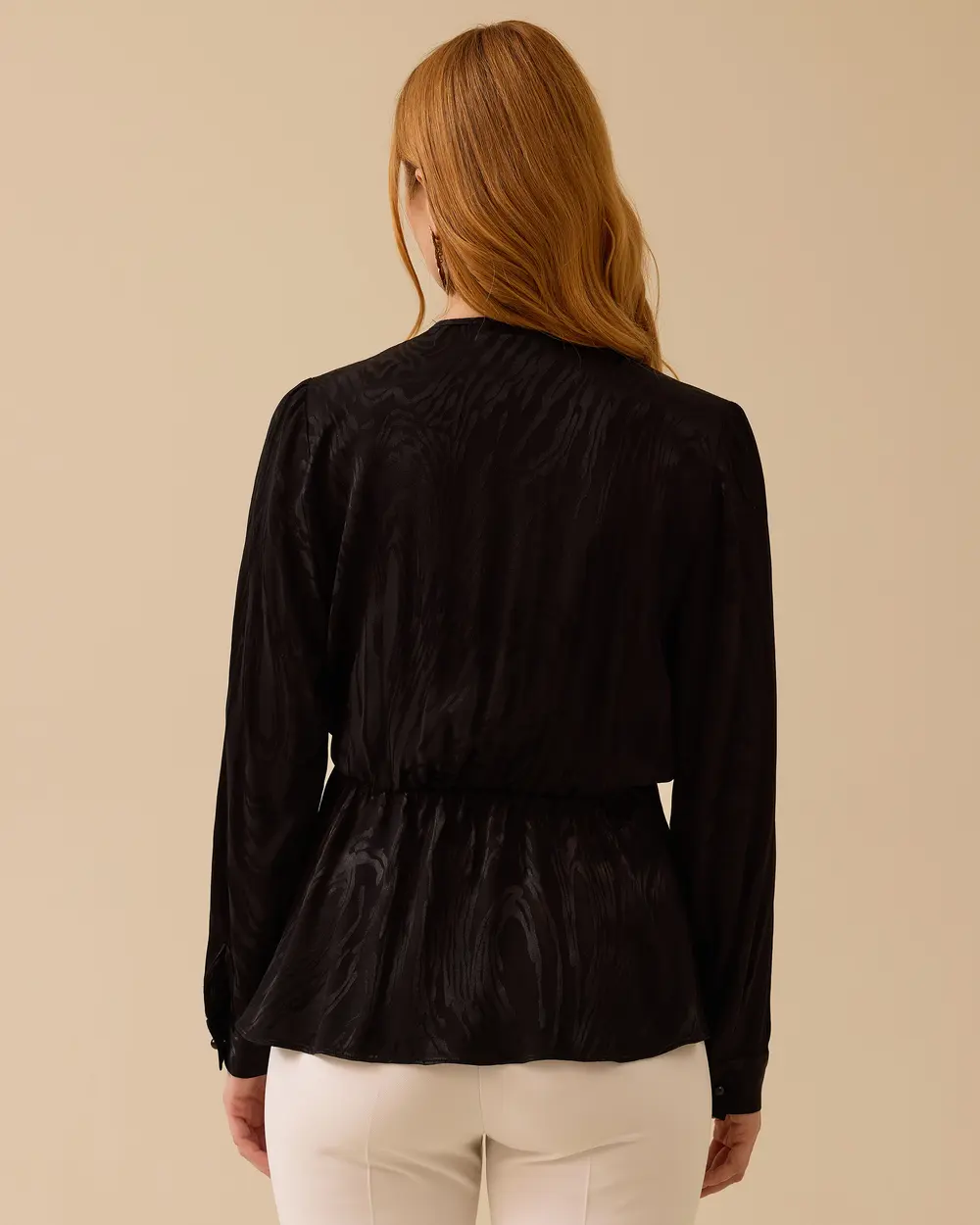 Double-breasted Collar Patterned Elastic Waist Blouse