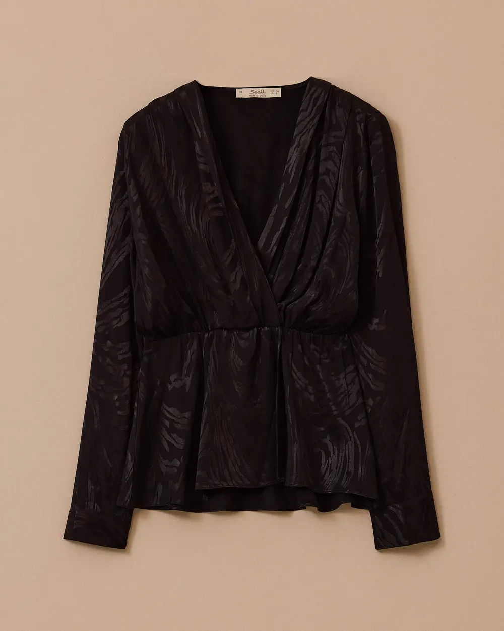 Double-breasted Collar Patterned Elastic Waist Blouse