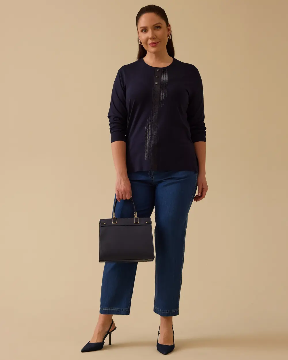 Büyük Beden Taş Detaylı Uzun Kollu Bluz