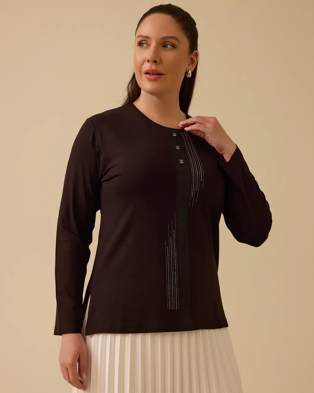 Plus Size Stone Detailed Long Sleeve Blouse