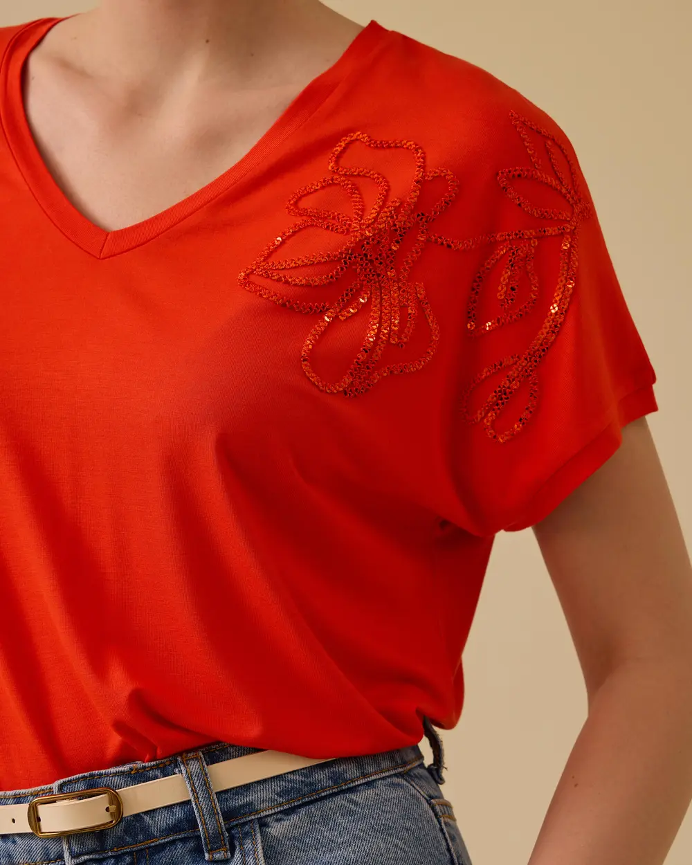 V-Neck Embroidered Combed Blouse