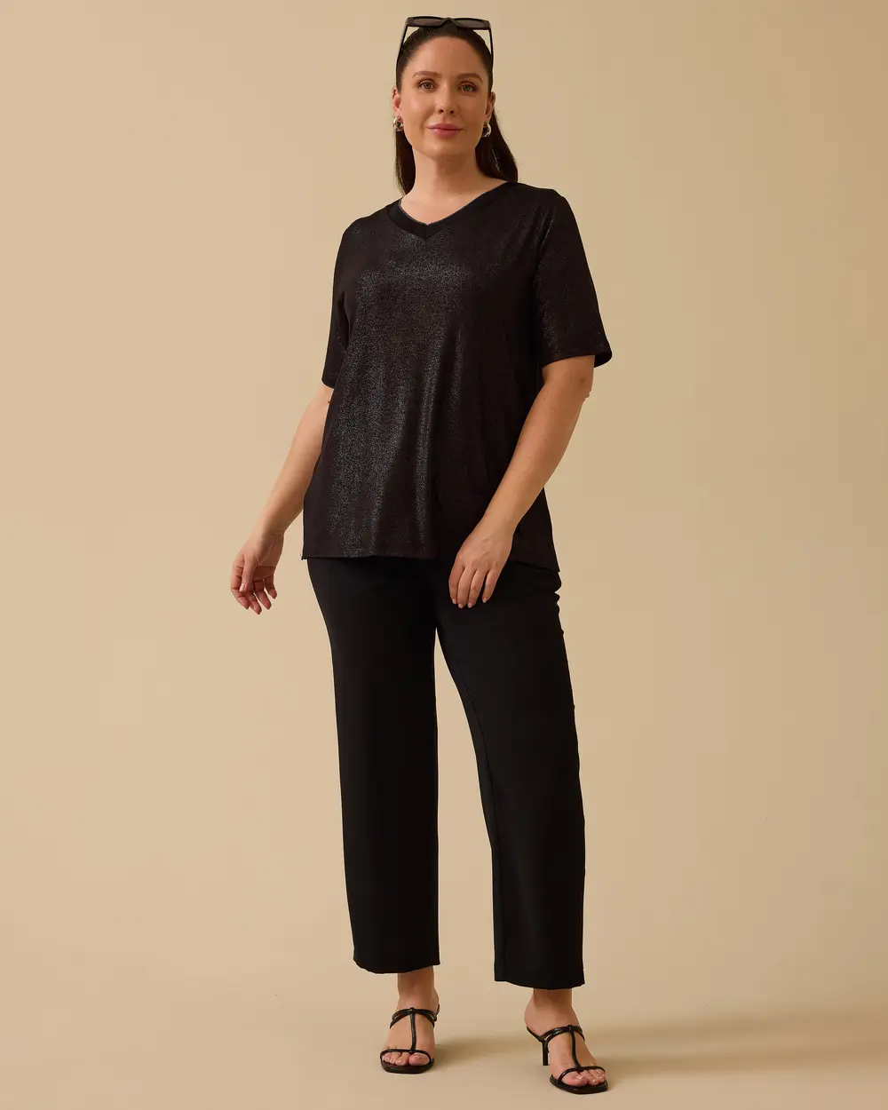 Plus Size V-Neck Shiny Textured T-Shirt