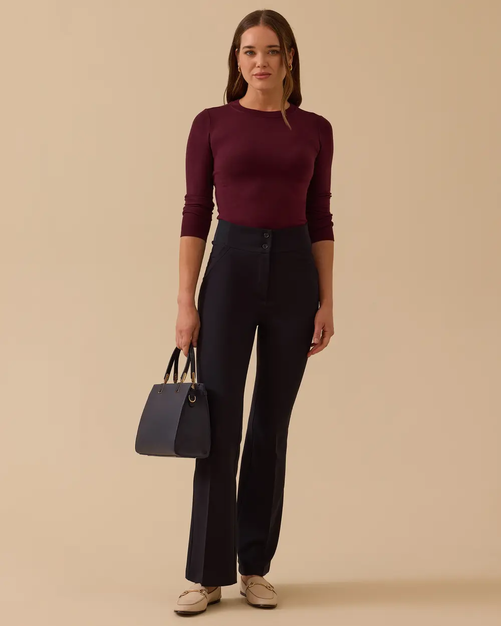 Çift Düğme Detaylı Yüksek Bel İspanyol Paça Pantolon