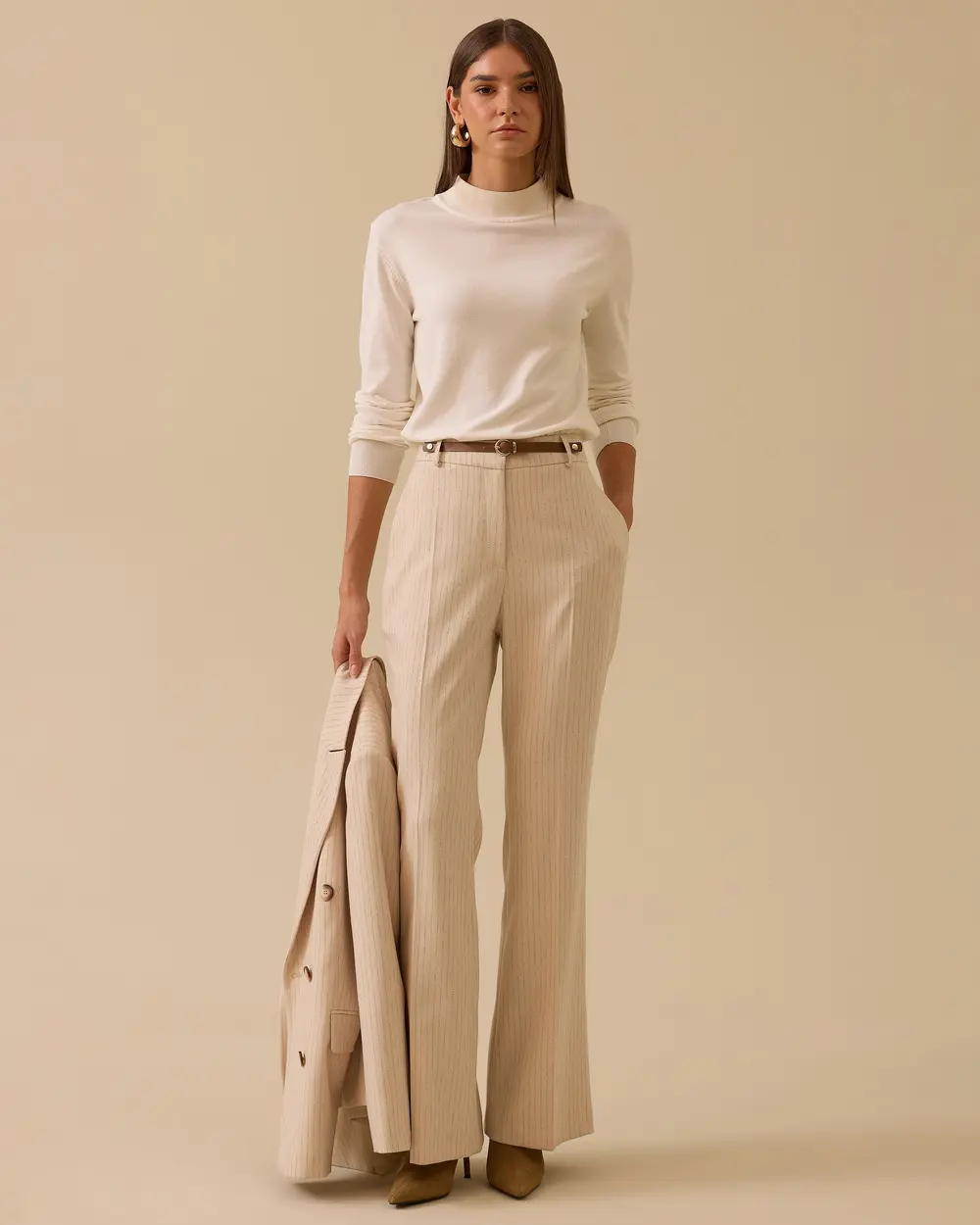 Kemer Tokalı Çizgili Tam Boy Pantolon