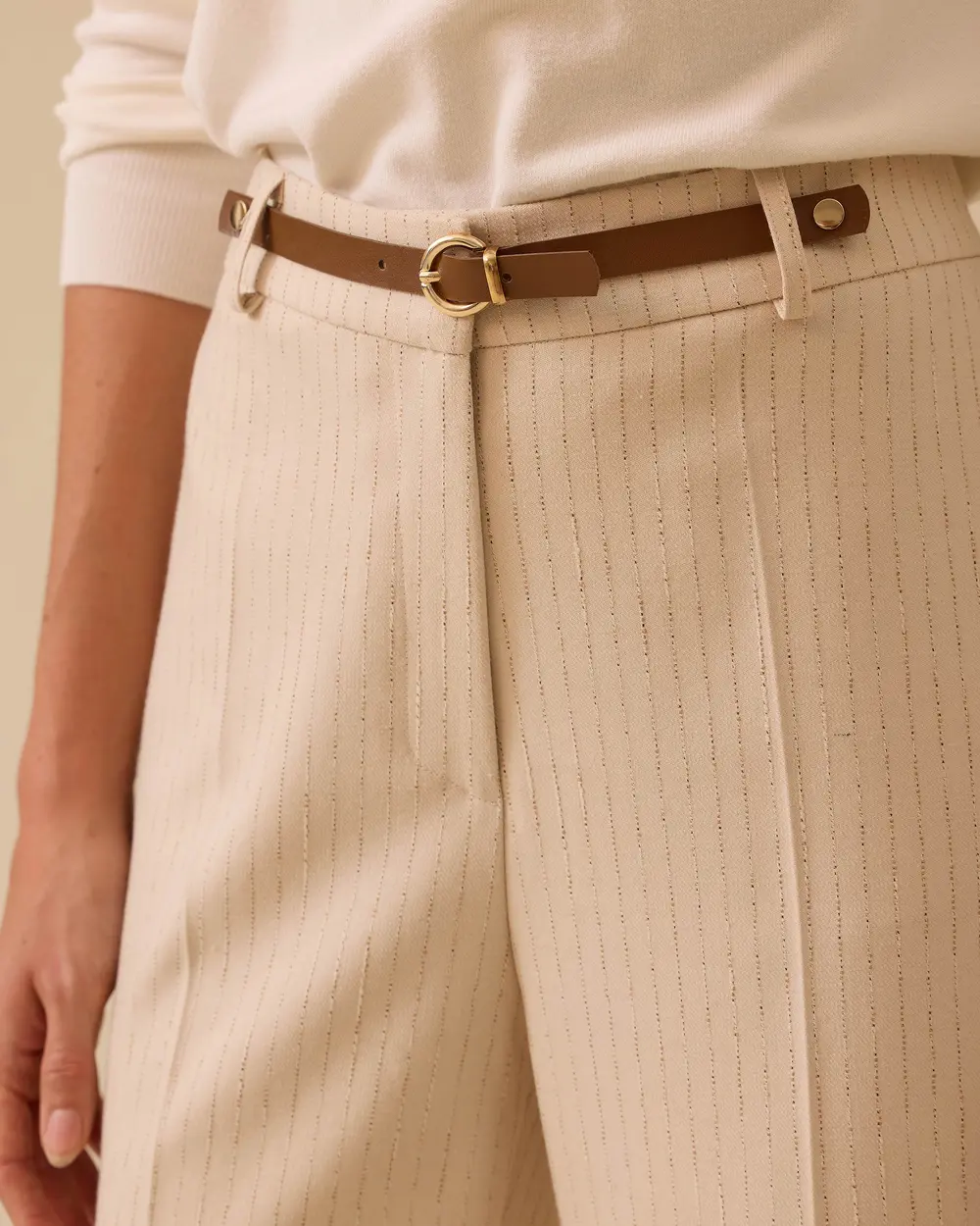 Kemer Tokalı Çizgili Tam Boy Pantolon