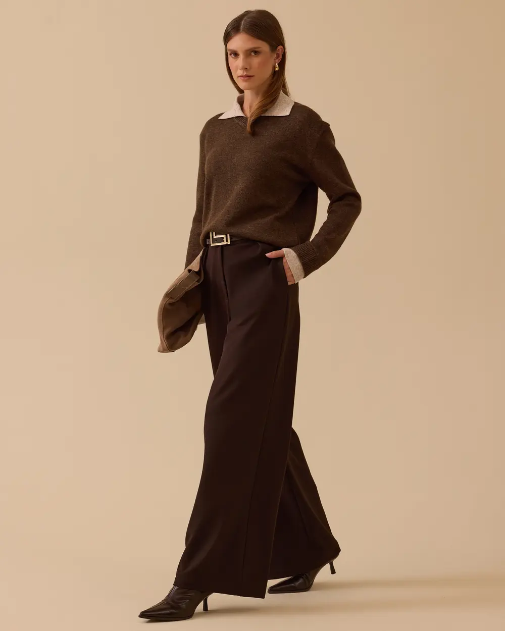 Kemerli Tek Pile Bol Paça Pantolon