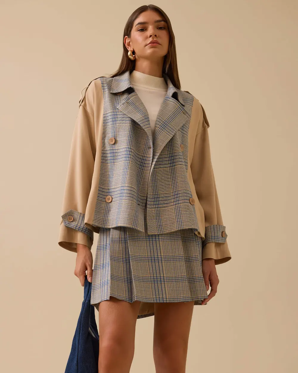 Ekose Desenli Kuşaklı Ceket